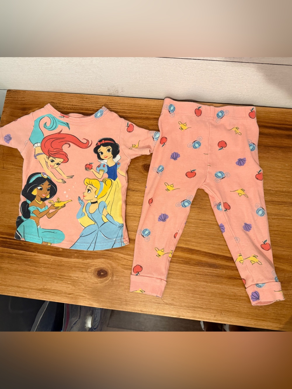Disney Peach Pink Princess Pajama Set with Ariel Jasmine Cinderella Snow White